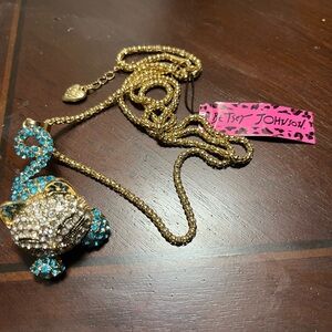 Betsey Johnson Gold and Blue Rhinestone Cat Necklace